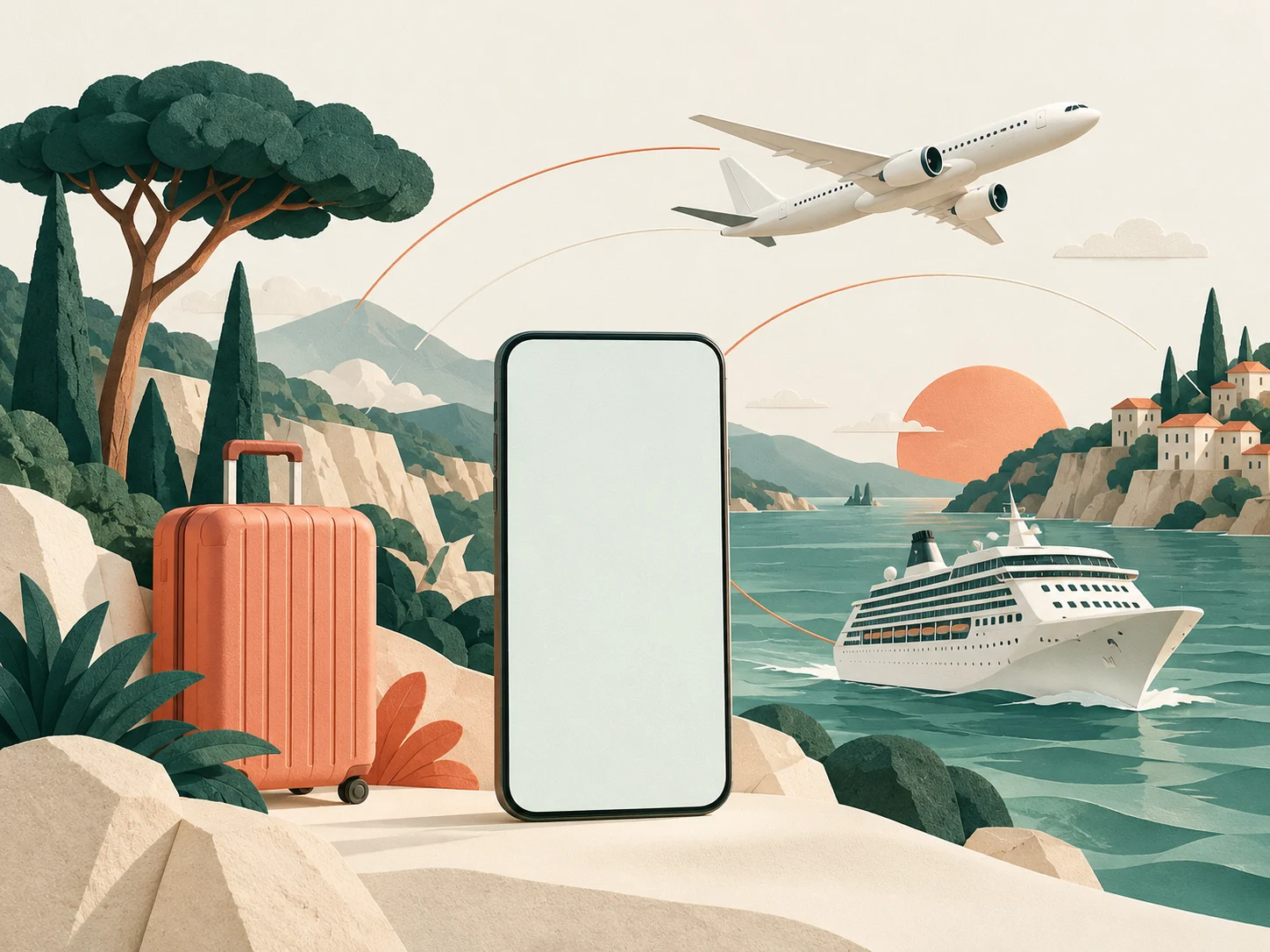 Travel connectivity illustration with a phone, aircraft, ship, and luggage