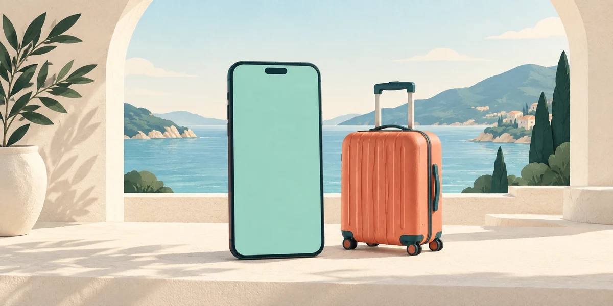 Upright phone and luggage in a travel setting